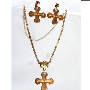 C.STEIN Maltese Cross Set Demi Parure Mat Gold Necklace Clip-On Earrings Vintage